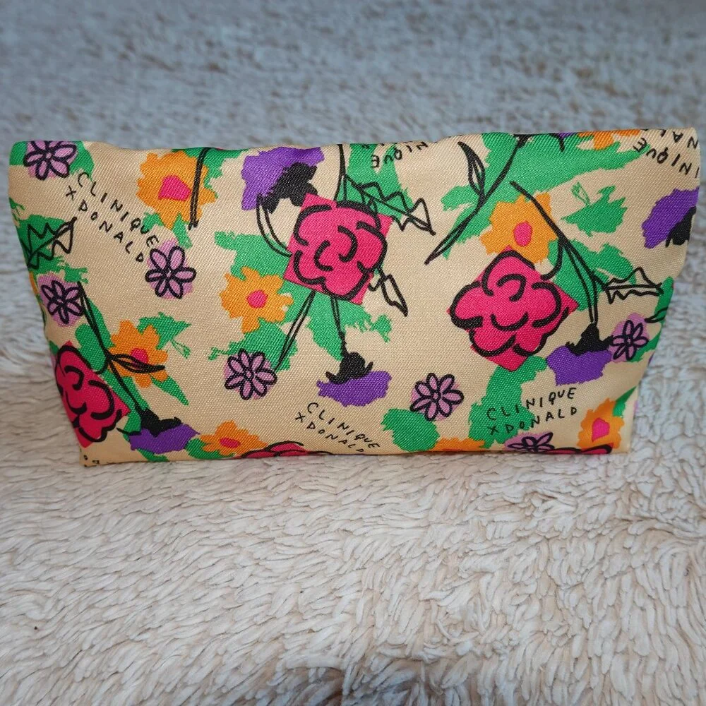 Clinique x Donald Floral Makeup Cosmetics Bag, Purple Lining, NWOT